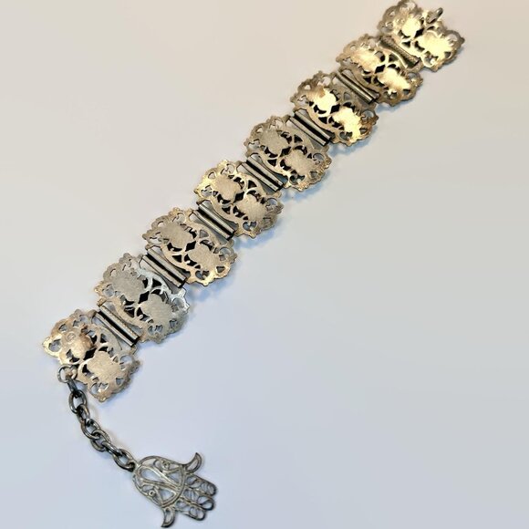 Vintage Egyptian Revival Bracelet: Turquoise Scarabs Art Deco Panel Filigree - Picture 5 of 5